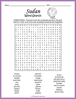 Free printable Sudan Word Search puzzle worksheet