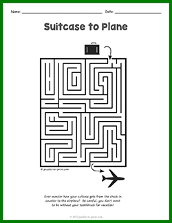 Free printable Suitcase to Plane Maze puzzle worksheet