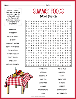 Free printable Summer Foods Word Search puzzle worksheet