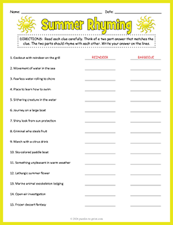 Free printable Summer Hink Pinks puzzle worksheet