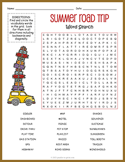 Free printable Summer Road Trip Word Search puzzle worksheet