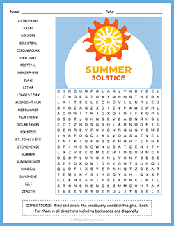 Free printable Summer Solstice Word Search puzzle worksheet