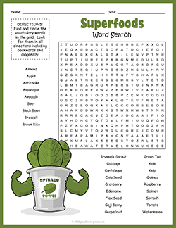 Free printable Superfoods Word Search puzzle worksheet