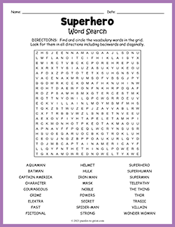 Free printable Superhero Word Search puzzle worksheet