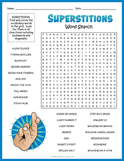 Free Printable Superstitions Word Search Puzzle Worksheet