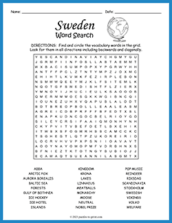 Free printable Sweden Word Search puzzle worksheet