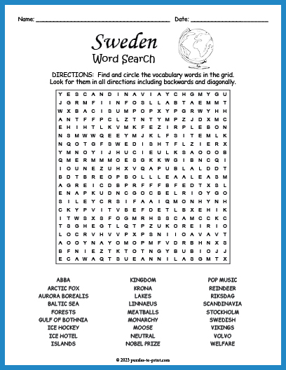 Sweden Word Search