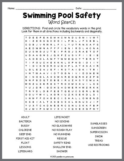 Swimming Pool Safety Word Search