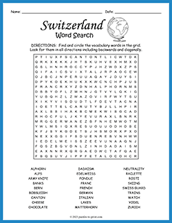 Free printable Switzerland Word Search puzzle worksheet