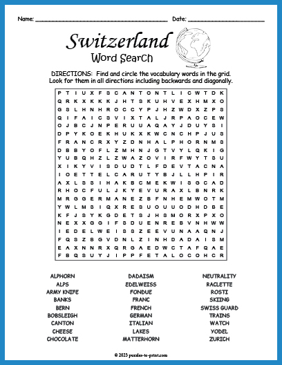 Switzerland Word Search