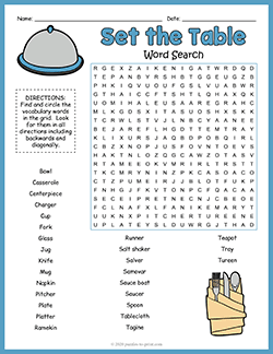 Free printable Tableware Word Search puzzle worksheet