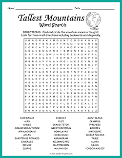 Free printable Tallest Mountains Word Search puzzle worksheet