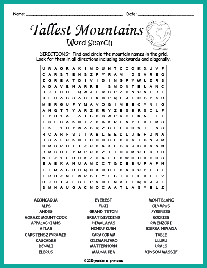 Tallest Mountains Word Search