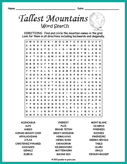 Tallest Mountains Word Search