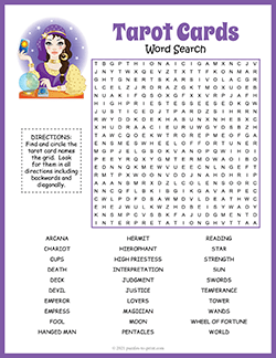 Free printable Tarot Cards Word Search puzzle worksheet