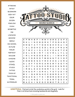 Free Printable Tattoo Art Word Search Puzzle Worksheet