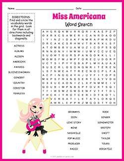 Free printable Taylor Swift Word Search puzzle worksheet