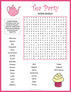 Free printable Tea Party Word Search puzzle worksheet