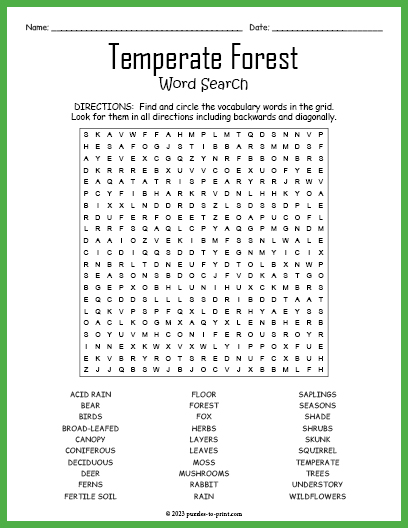 Temperate Forest Word Search