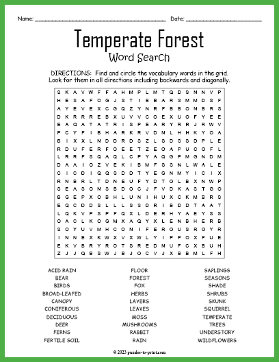 Temperate Forest Word Search