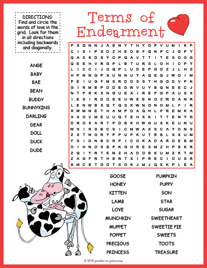 Terms Of Endearment Word Search