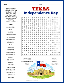 Free printable Texas Independence Day Word Search puzzle worksheet