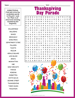 Free printable Thanksgiving Day Parade Word Search puzzle worksheet
