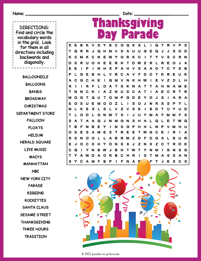 Thanksgiving Day Parade Word Search