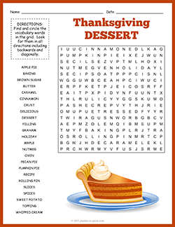 Free printable Thanksgiving Desserts Word Search puzzle worksheet