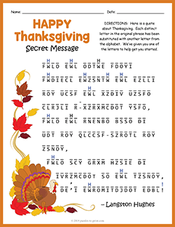 Free printable Thanksgiving Secret Message Puzzle puzzle worksheet