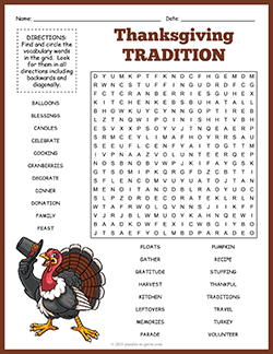 Free printable Thanksgiving Traditions Word Search puzzle worksheet