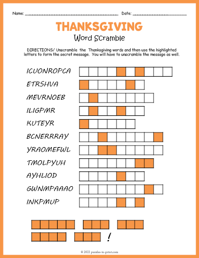 Thanksgiving Word Scramble