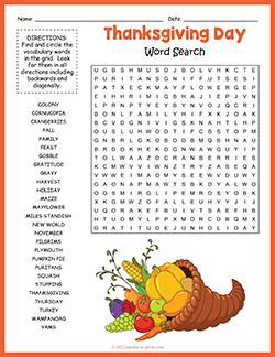 Free printable Thanksgiving Word Search puzzle worksheet