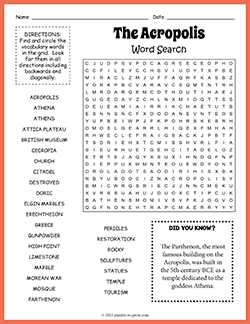 Free printable The Acropolis Word Search puzzle worksheet