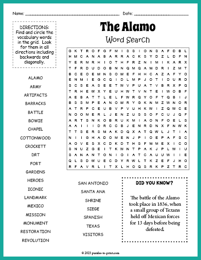 The Alamo Word Search