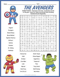 Free printable The Avengers Word Search puzzle worksheet
