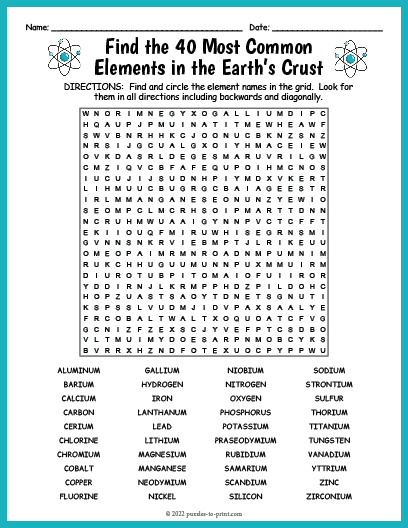 The Elements Word Search Word Search