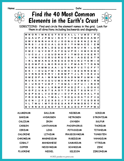 Printable Element Crossword Puzzle and Answers