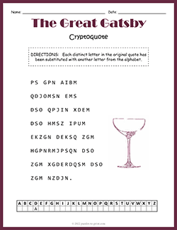 Free printable The Great Gatsby Cryptoquote puzzle worksheet