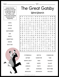 Free printable The Great Gatsby Word Search puzzle worksheet