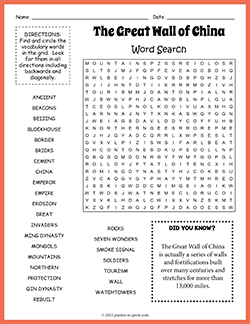 Free printable The Great Wall of China Word Search puzzle worksheet