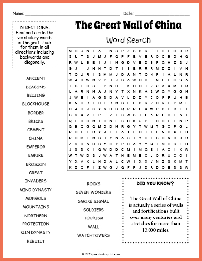 The Great Wall of China Word Search