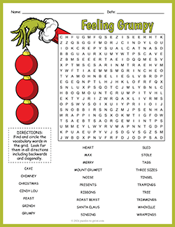 Free printable The Grinch Word Search puzzle worksheet