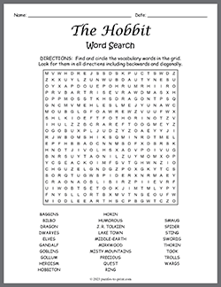 Free printable The Hobbit Word Search puzzle worksheet