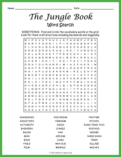 Free printable The Jungle Book Word Search puzzle worksheet