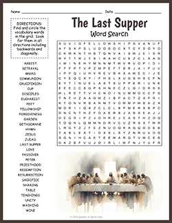 Free printable The Last Supper Word Search puzzle worksheet