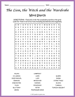 Free printable The Lion, the Witch and the Wardrobe Word Search puzzle worksheet