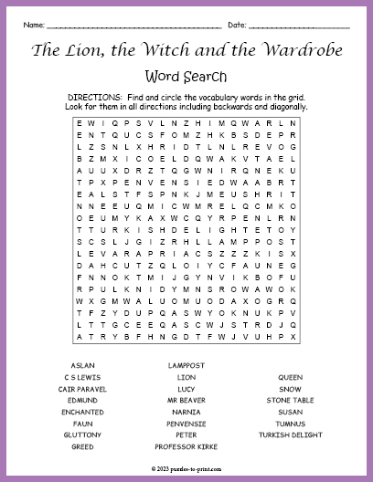The Lion, the Witch and the Wardrobe Word Search