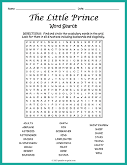 Free printable The Little Prince Word Search puzzle worksheet