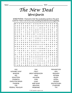 Free printable The New Deal Word Search puzzle worksheet